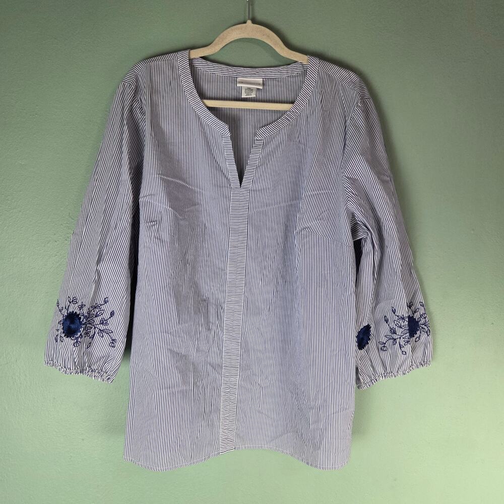 Liz Claiborne Womens Blue Striped Embroidered Floral Blouse Top Size XXL